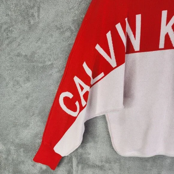 Womens Calvin Klein Jeans Cropped Sweater Red & White 100% Cotton Long Sleeve S - Picture 6 of 13